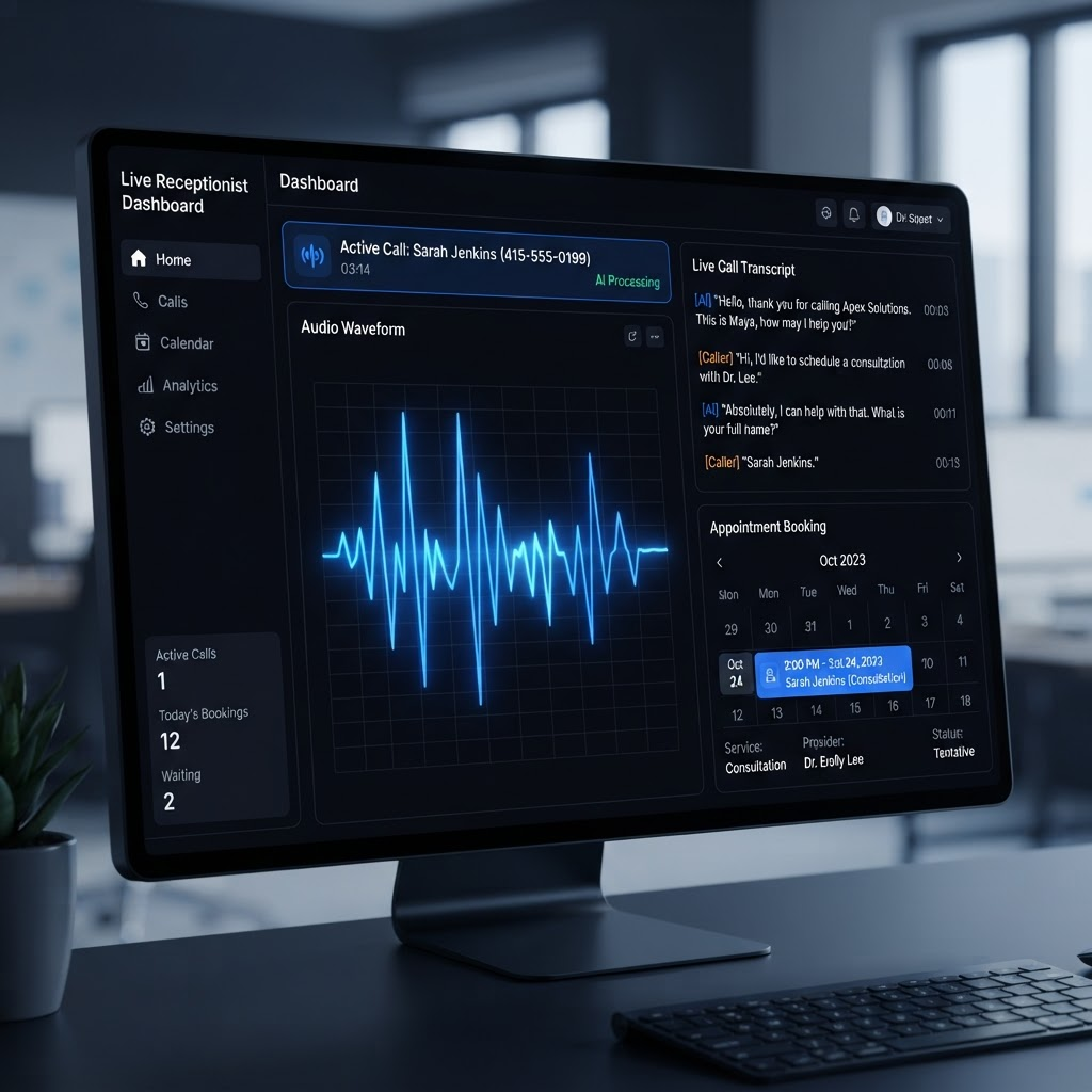 AI voice receptionist dashboard answering a live call and booking an appointment